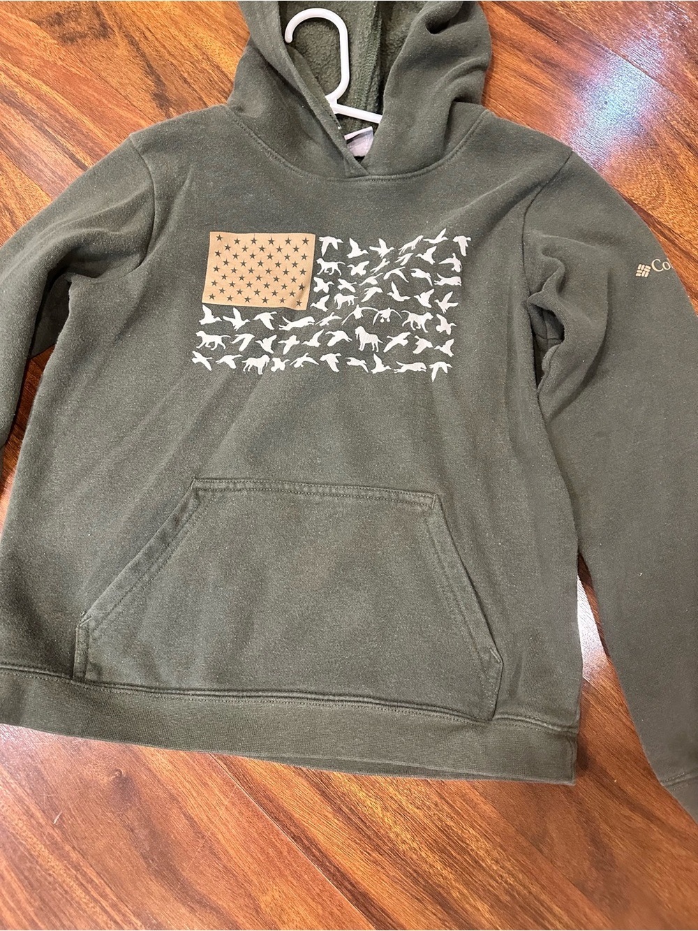 Columbia Olive Green Kids Pullover Hoodie with Flag Graphic